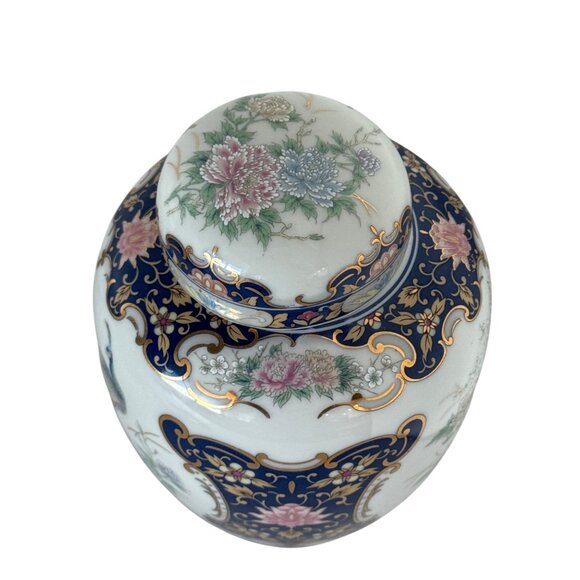vintage Porcelain Ginger Jar Peacock & Floral Design Lid Blue/Gold Accents Asian - Picture 6 of 9